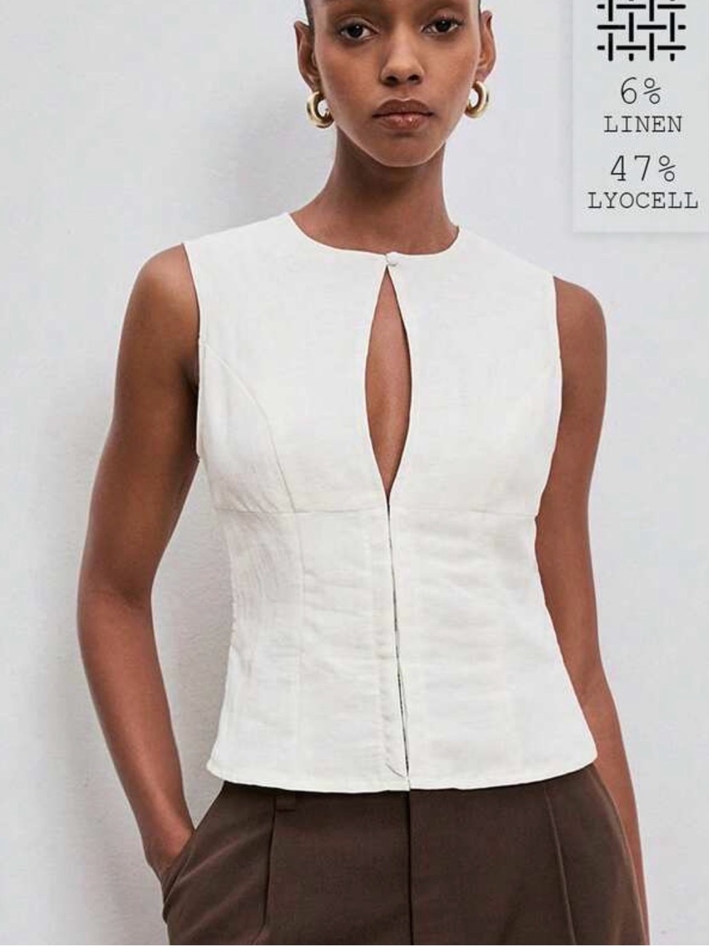 Sleeveless Linen Cream Keyhole Front Top